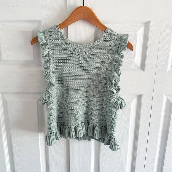 Mable Crochet Knit Ruffle Keyhole Boho Cropped Top in Mint - Picture 4 of 10